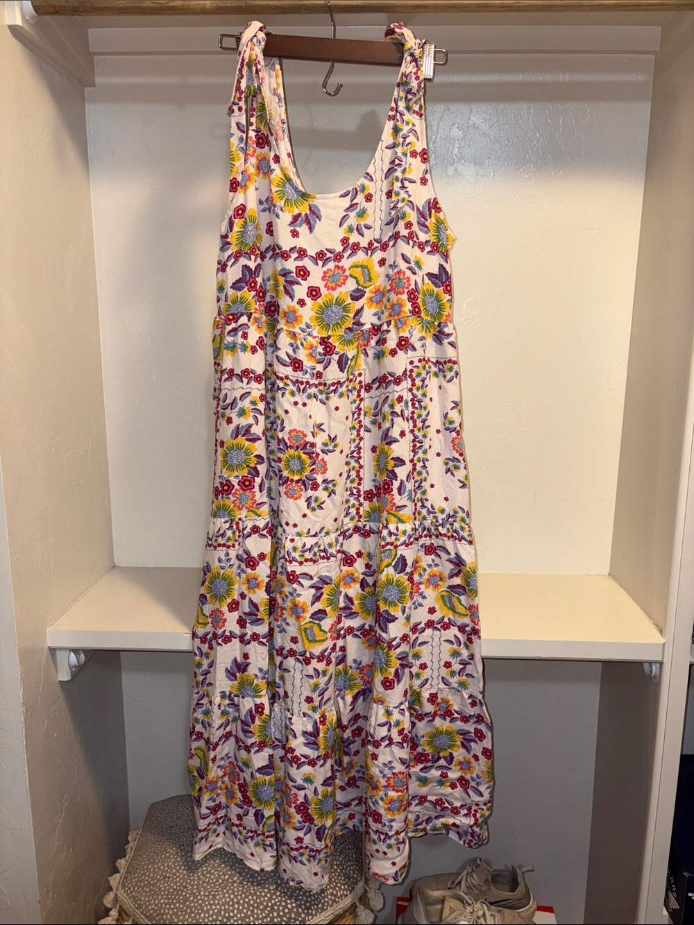 easel White Midi Dress with Yellow, Pink & Green Floral Pattern